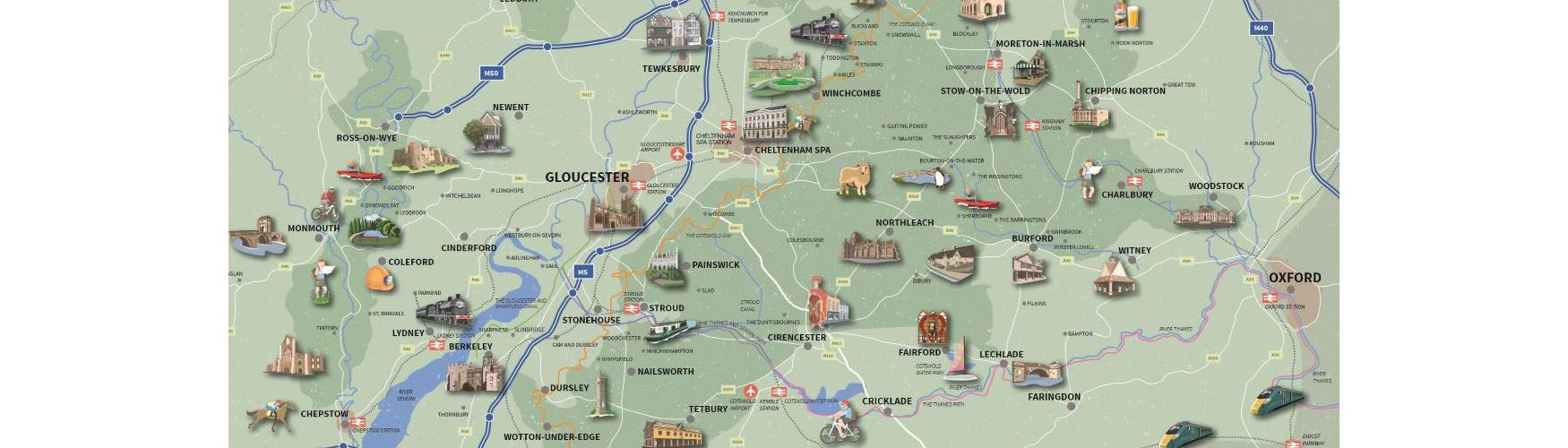 An illustrated map of the Cotswolds