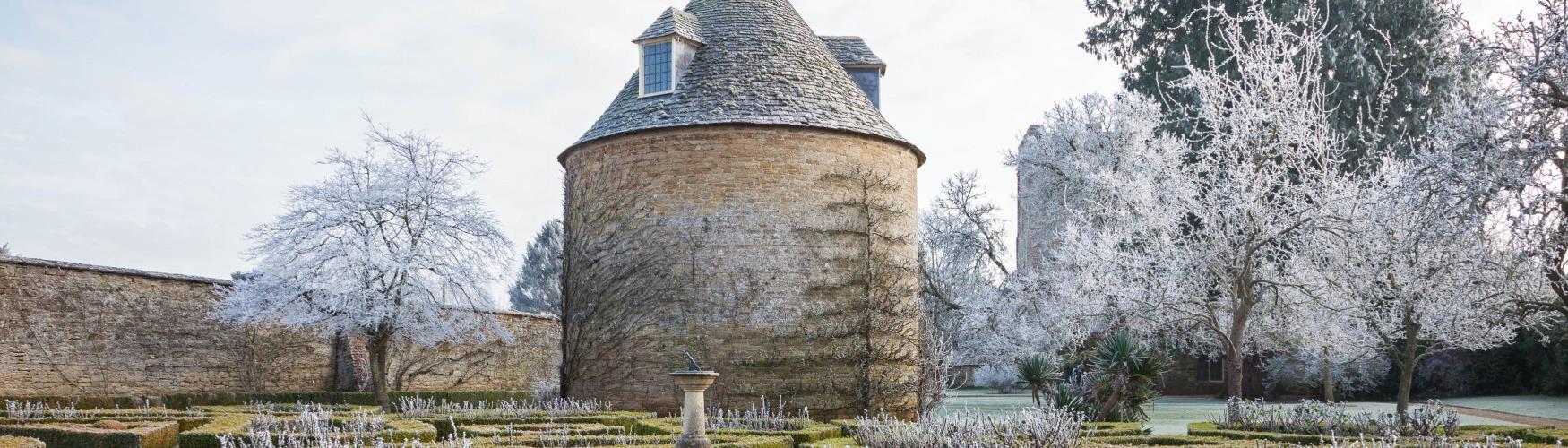 The dovecote and garden at Rousham in winter