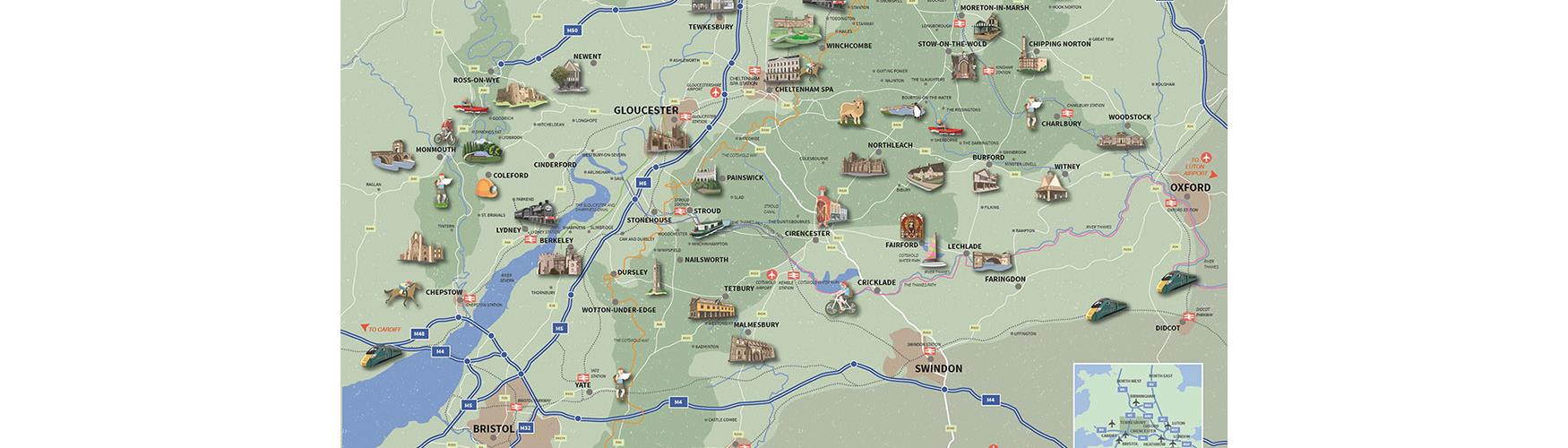 An illustrated map of the Cotswolds